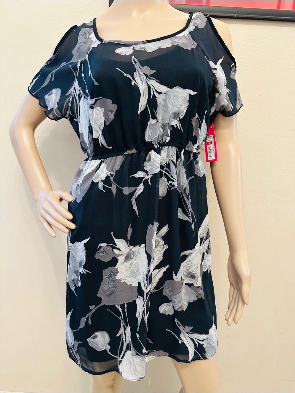 Xhilaration Navy Floral Cold-Shoulder Mini Dress with Gray & White Blooms